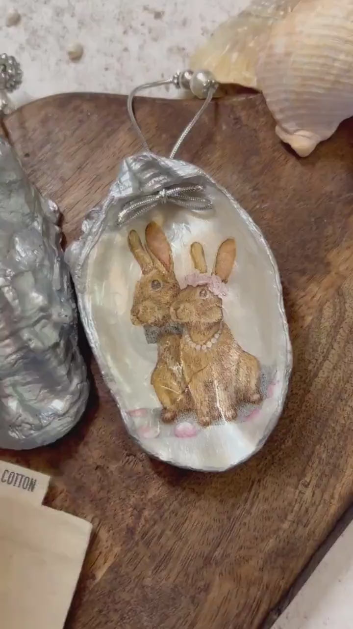 Brown Bunnies hanging decoration. Natural oyster shell rabbit gift for a nature lover. Easter spring table decor. Rabbit lovers gift.