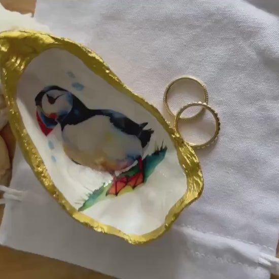 Puffin Oyster Shell Trinket Dish. Gold Beach House Decor Trinket Hilder.