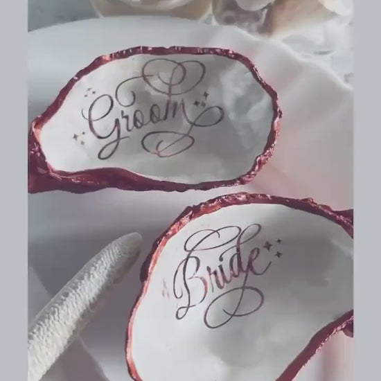 Copper Oyster Shell Wedding Favour. Personalised Name Card, Ring Dish.