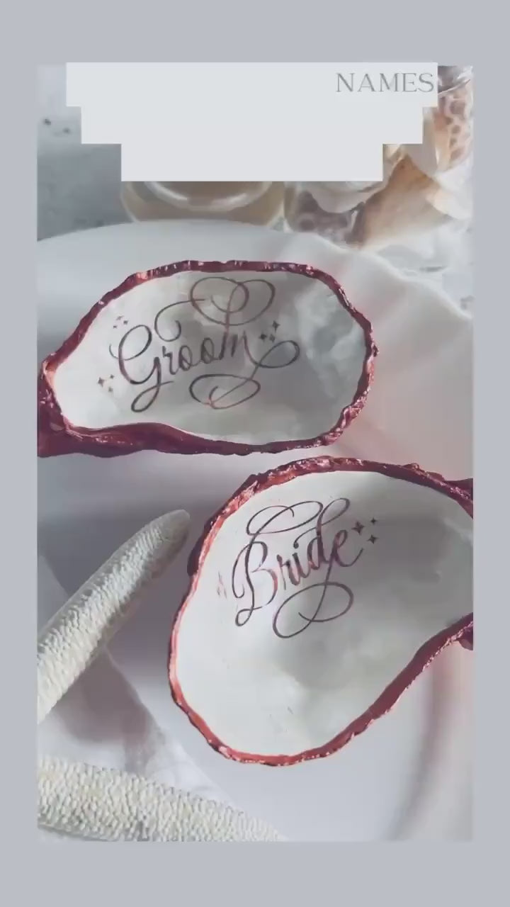 Copper Oyster Shell Wedding Favour. Personalised Name Card, Ring Dish.
