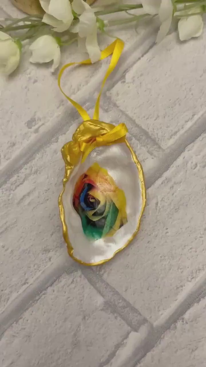 Rainbow rose oyster shell hanging decoration. Unique rise flower pride Gift. Galentine Christmas Gift.  Multi coloured rose hanging gift.