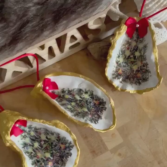 Vintage Christmas Tree Decoupaged Oyster Shell Hanging Decoration.  Vintage Coastal Xmas Home Decor.