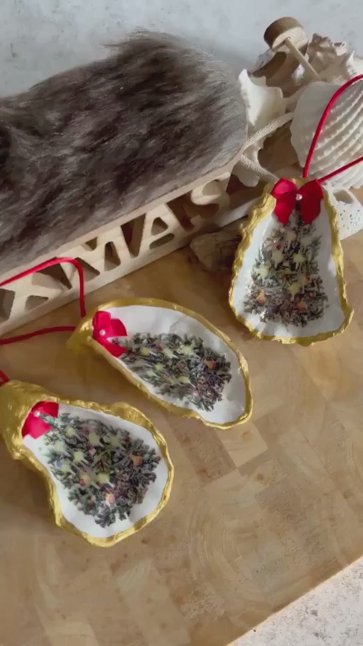 Vintage Christmas Tree Decoupaged Oyster Shell Hanging Decoration.  Vintage Coastal Xmas Home Decor.