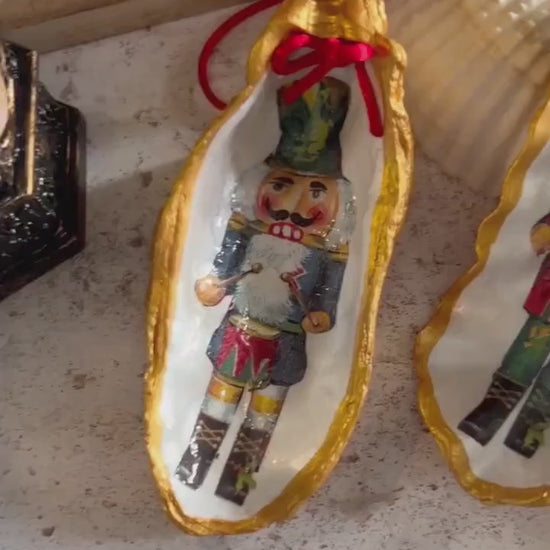 Nutcracker Christmas Tree Oyster Shell Ornament. Gold Vintage Style Set of 3.