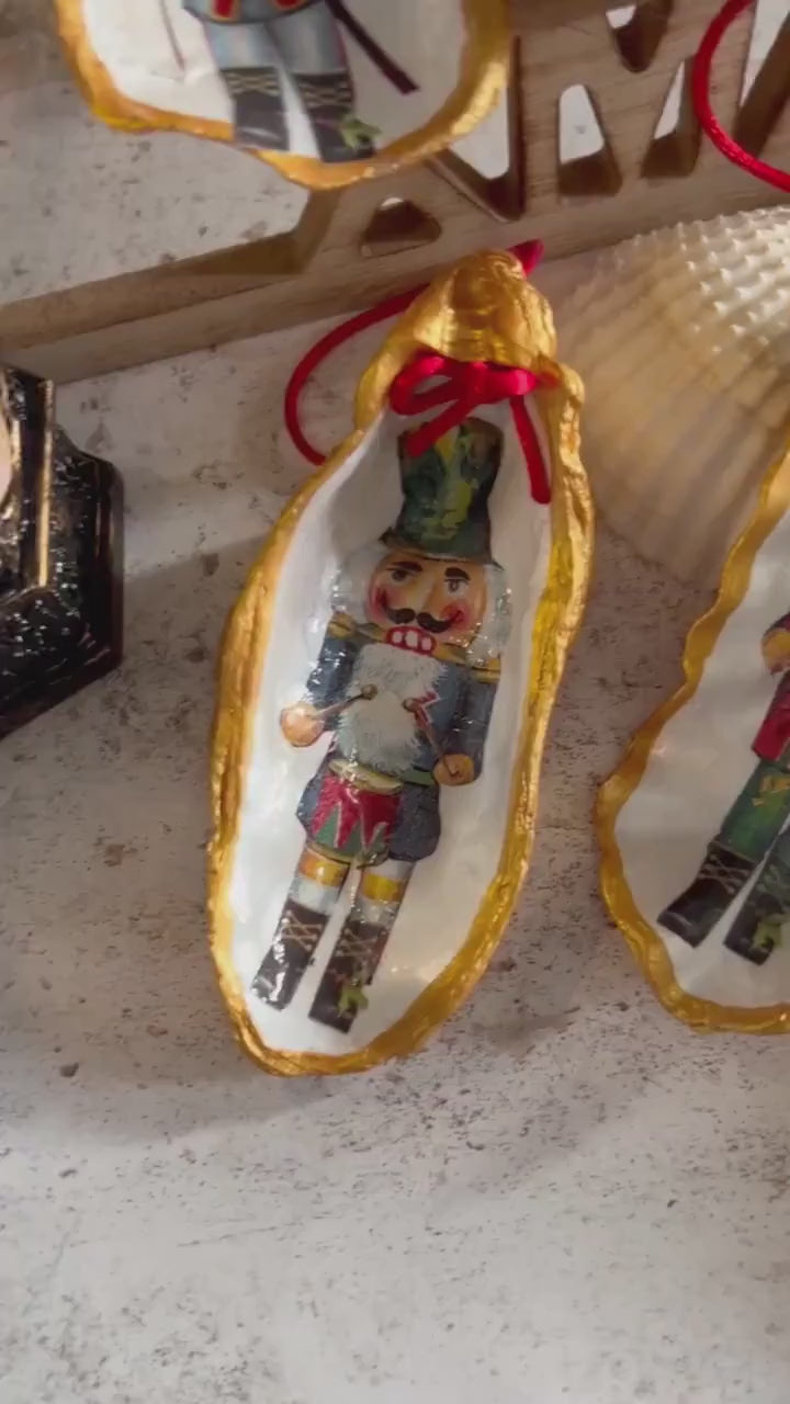 Nutcracker Christmas Tree Oyster Shell Ornament. Gold Vintage Style Set of 3.