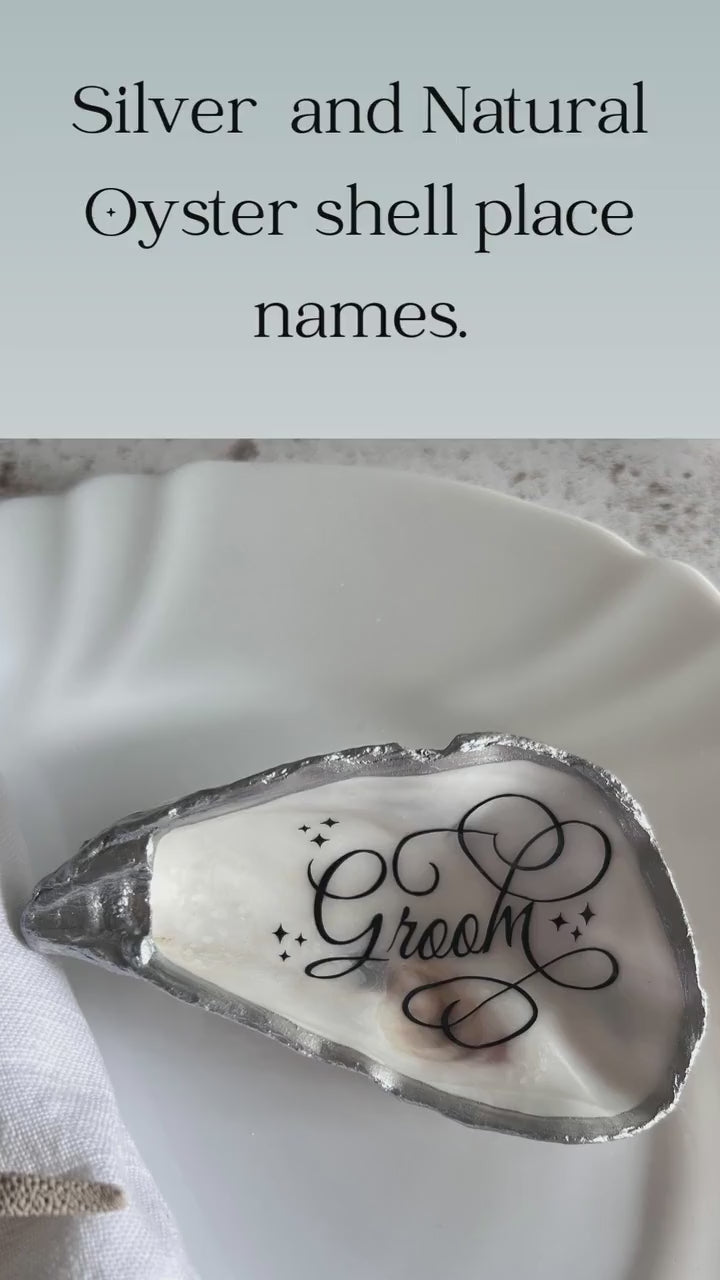 Silver Oyster Shell Place Card. Personalised Coastal Wedding Party Favor.