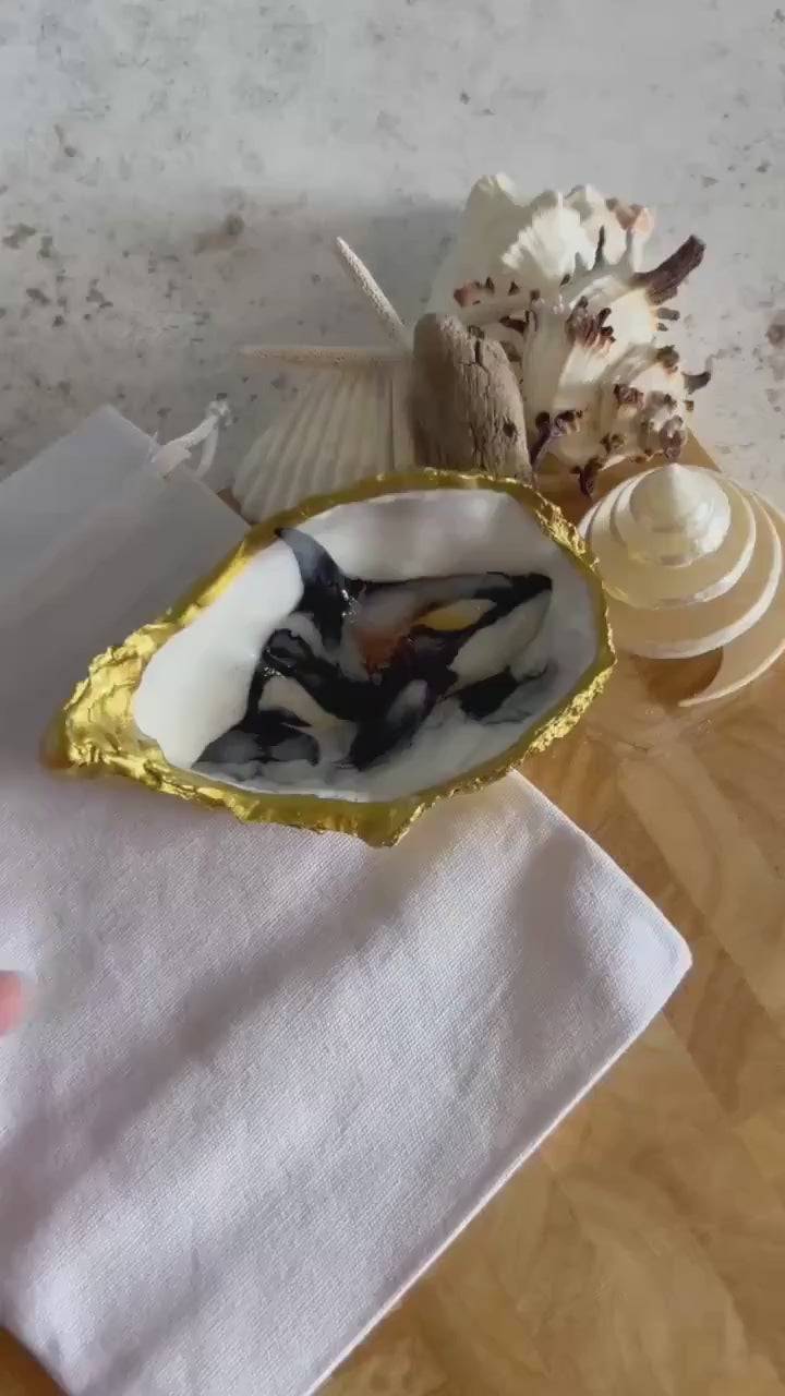 Killer whale oyster shell dish. Orca desk tidy gift for a sea life lover. Marine animal natural shell dish. Gold and Black sea shell dish.