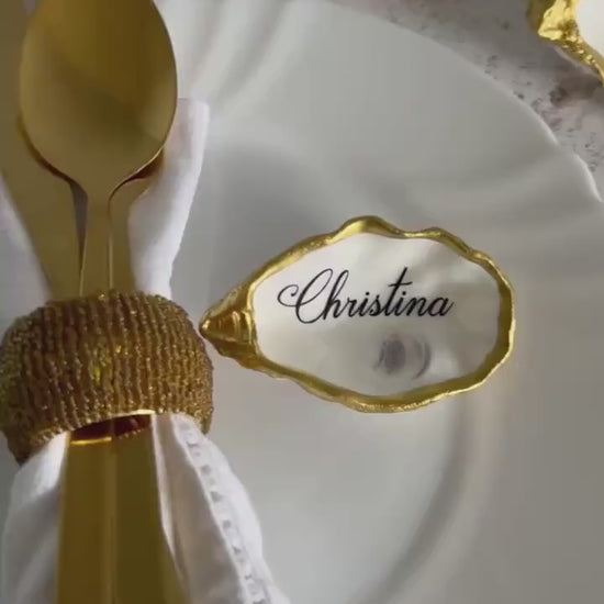 Personalised Antique Gold Oyster Shell Place Cards. Coastal Wedding Decor and Keepsake.