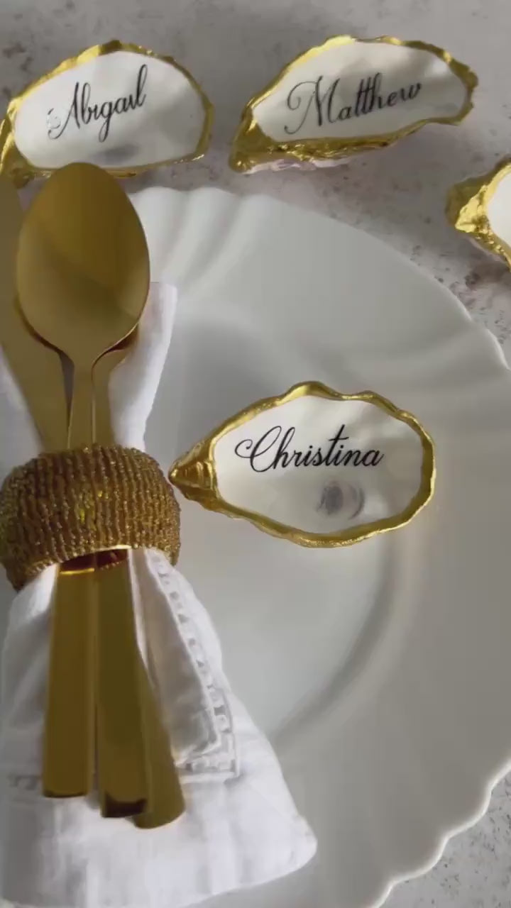 Personalised Antique Gold Oyster Shell Place Cards. Coastal Wedding Decor and Keepsake.