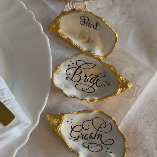Oyster shell wedding place names and favours. Personalised name card for wedding party. Wedding guest gift. Place setting keepsake.