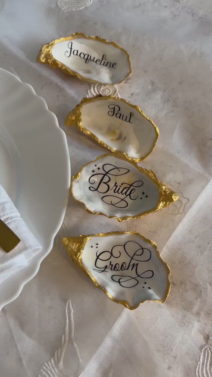 Oyster shell wedding place names and favours. Personalised name card for wedding party. Wedding guest gift. Place setting keepsake.