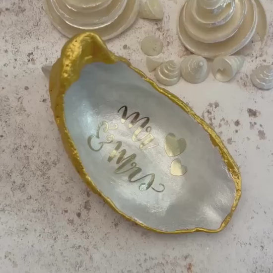 Gold Mr & Mrs Oyster Shell Ring Dish. Bride and Groom Wedding Ceremony Ring Holder.