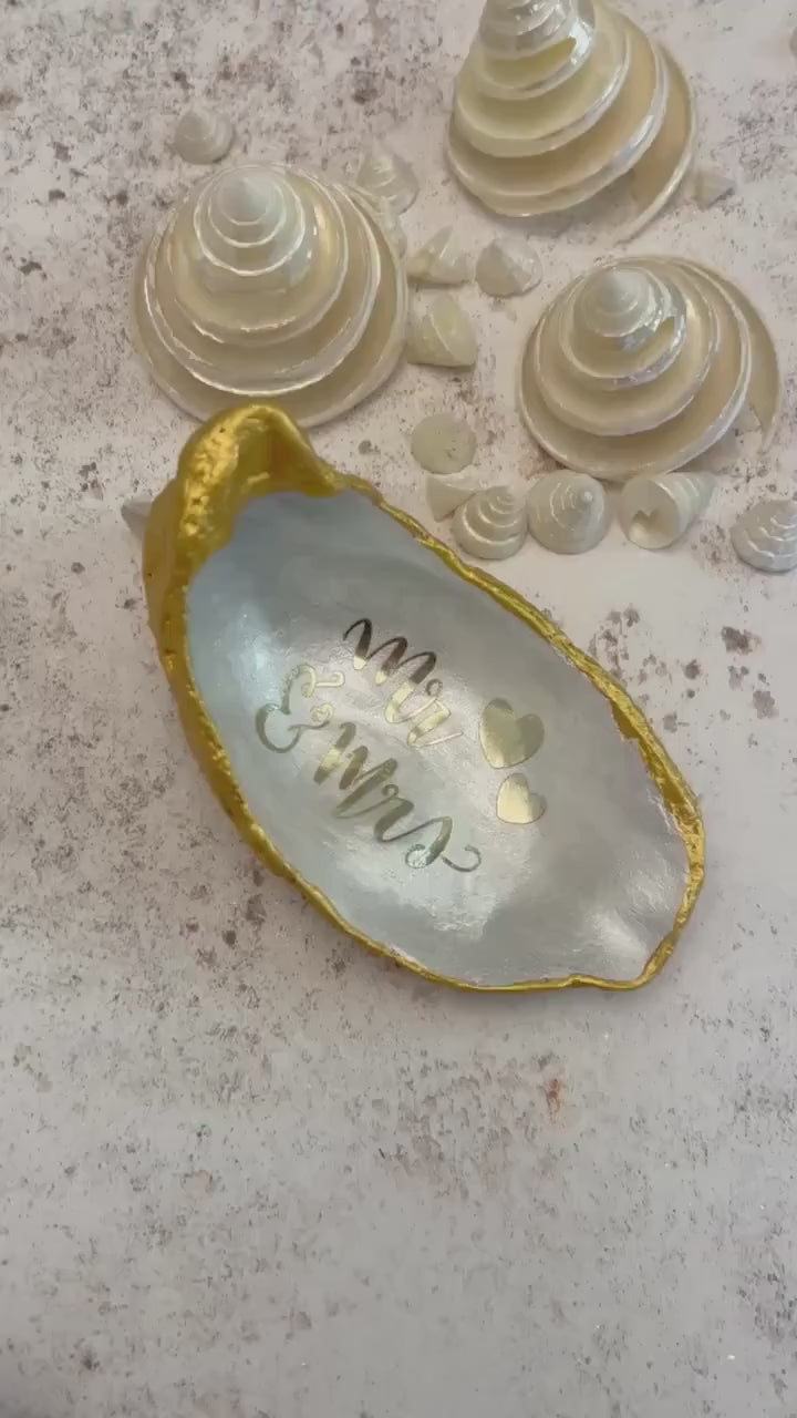 Gold Mr & Mrs Oyster Shell Ring Dish. Bride and Groom Wedding Ceremony Ring Holder.