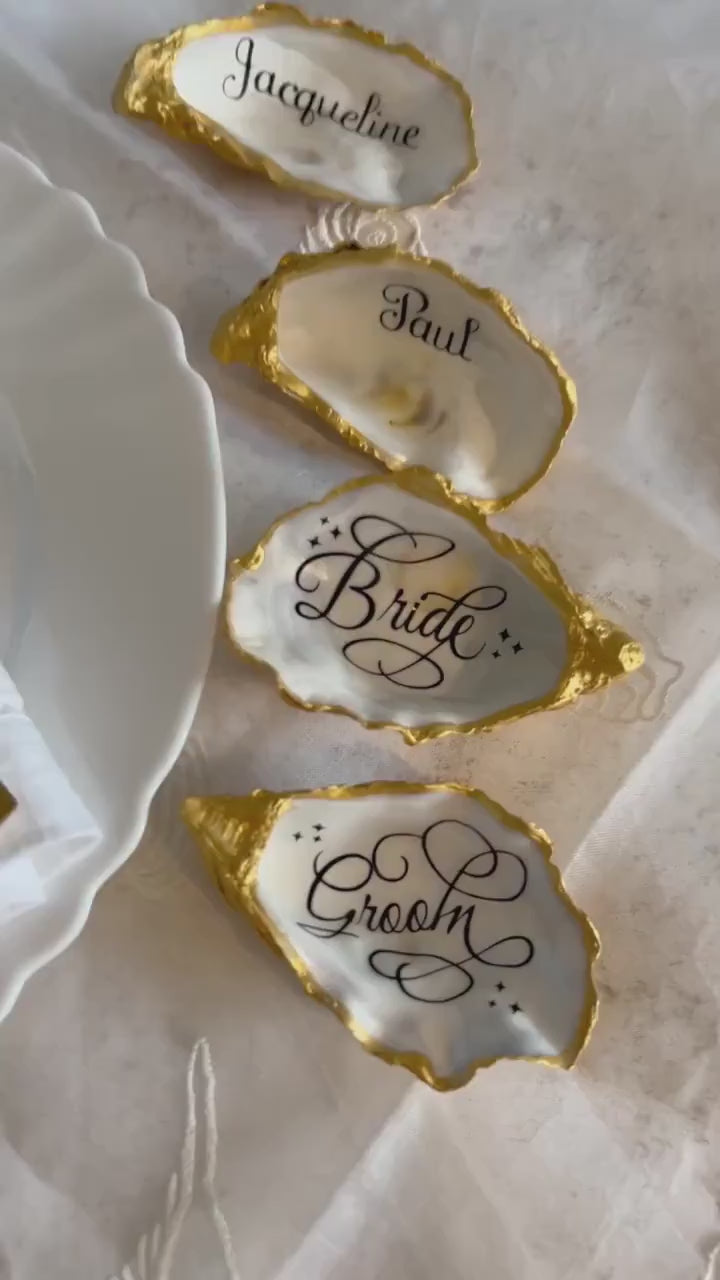 Personalised oyster shell place card. Wedding place names and favours. Natural inside with custom colours. Destination or beach wedding.