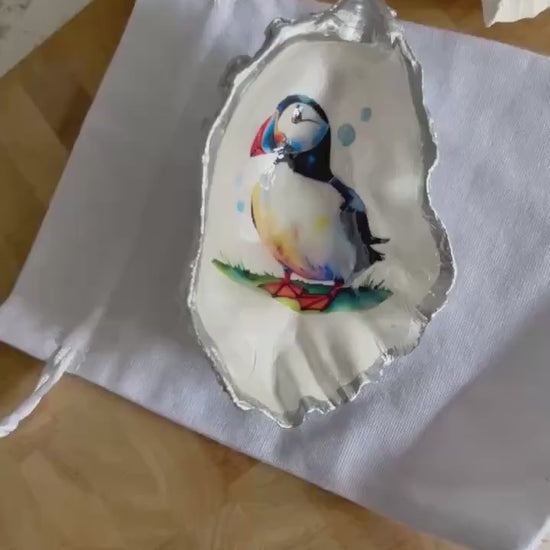 Silver Decoupage Puffin Oyster Shell Ring Dish. Beach House Trinket Holder.