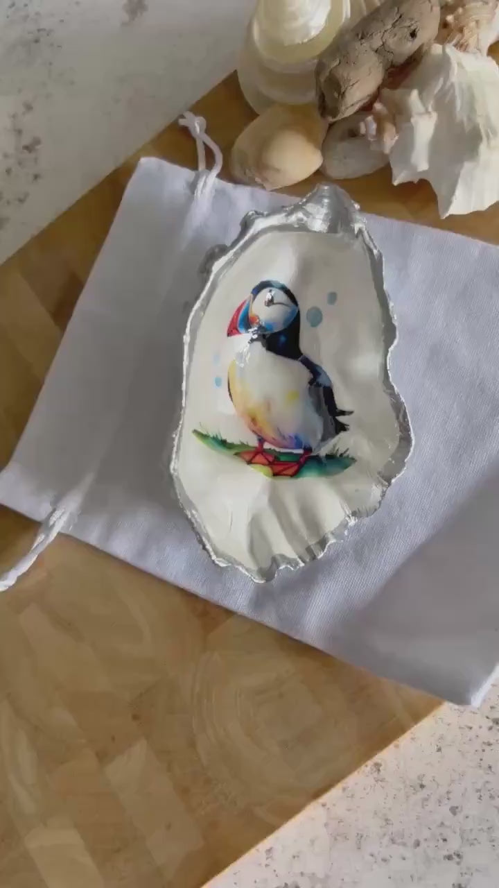 Silver Decoupage Puffin Oyster Shell Ring Dish. Beach House Trinket Holder.