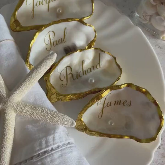 Lemon Oyster Shell Wedding Place setting. Personalisec Wedding Favor Name Card.