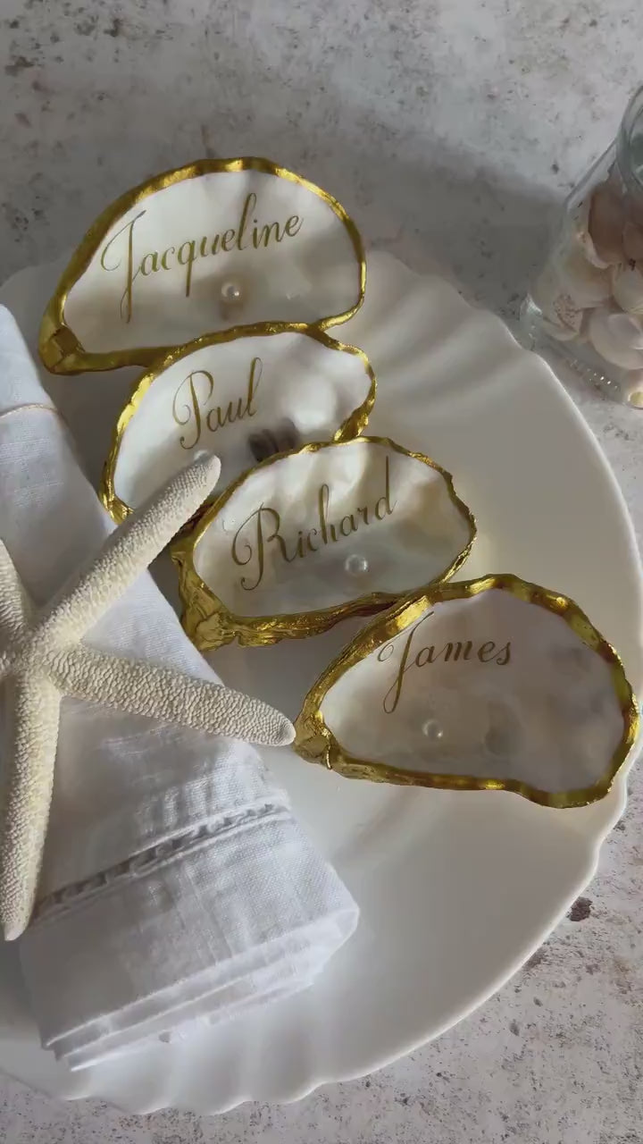 Lemon Oyster Shell Wedding Place setting. Personalisec Wedding Favor Name Card.