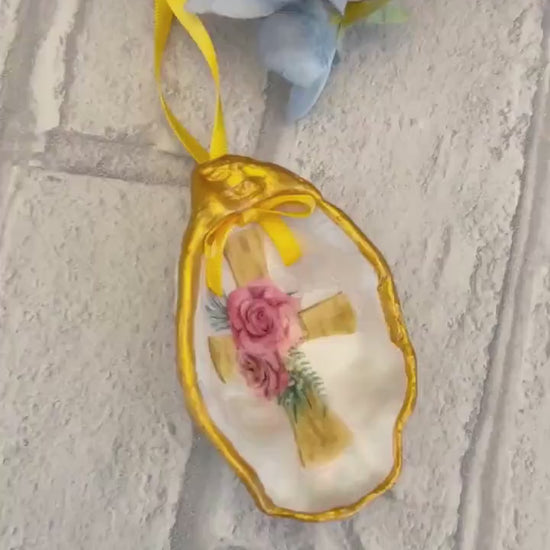Pink Personalised Christening oyster shell nursery gift. Gold Cross and pink rose ornament. Baptism or Holy Communion ceremony gift.