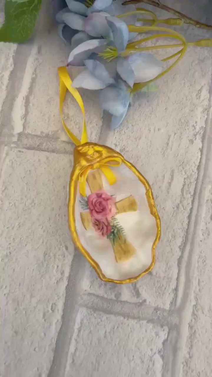 Pink Personalised Christening oyster shell nursery gift. Gold Cross and pink rose ornament. Baptism or Holy Communion ceremony gift.