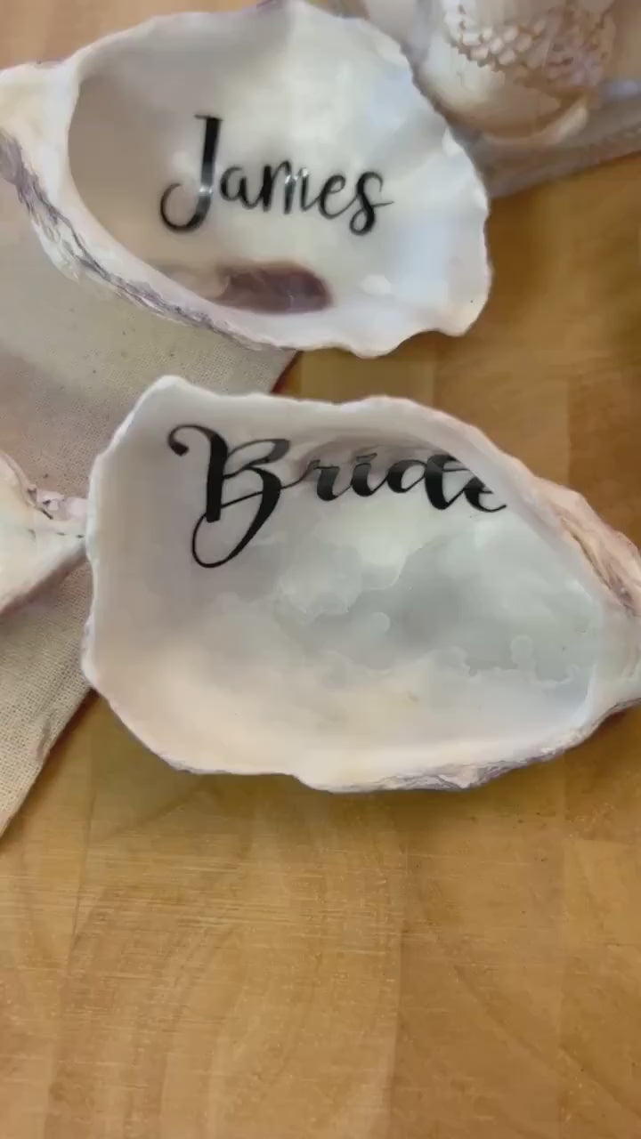 Oyster shell wedding place card. Natural shell name place for personalisation. Bridal party gift or destination weddings.