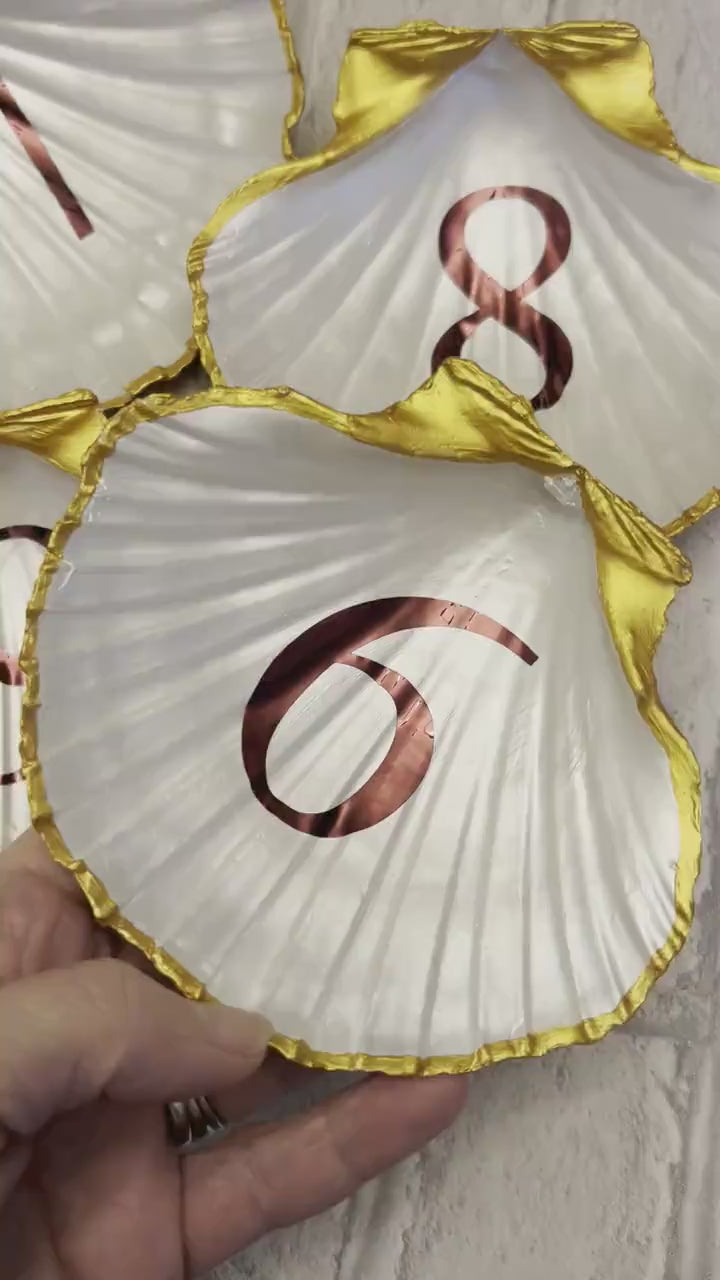 Wedding top table scallop shell. Personalised gold shell. Custom coloured beach theme table sign. Nautical signs for beach or pool party.