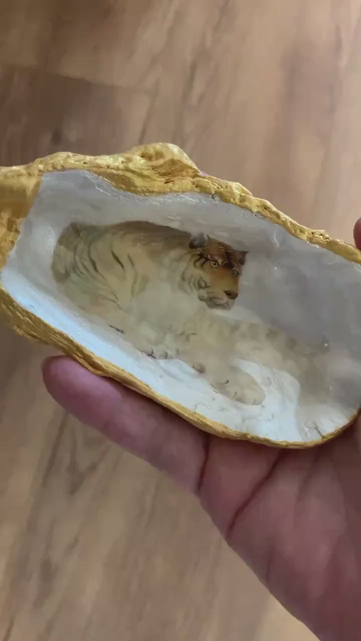 White Tiger Oyster Shell Trinket Dish. Perfect for your cufflinks, loose change or keys. Unique Gift from Son or Daughter.