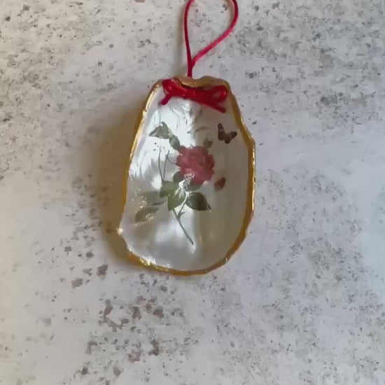 Red Rose Oyster Shell Hanging Decoration, Gold Detailing and Red Bow.
