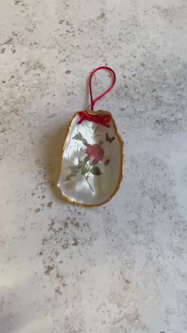 Red Rose Oyster Shell Hanging Decoration, Gold Detailing and Red Bow.