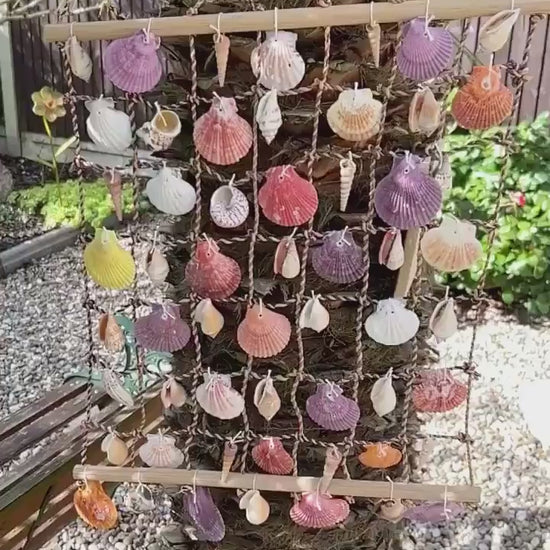 Large shell hanging garden decor. Seashell net for nautical theme decor. Coastal home wall hangings. Sun room or conservatory accessory.