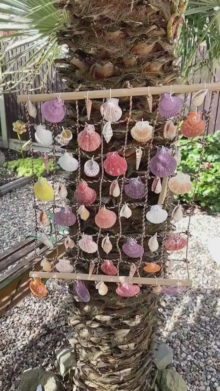 Large shell hanging garden decor. Seashell net for nautical theme decor. Coastal home wall hangings. Sun room or conservatory accessory.