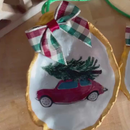 Vintage Beetle Car Christmas Ornament. 50s Retro Classi Car Oyster Shell Bauble.
