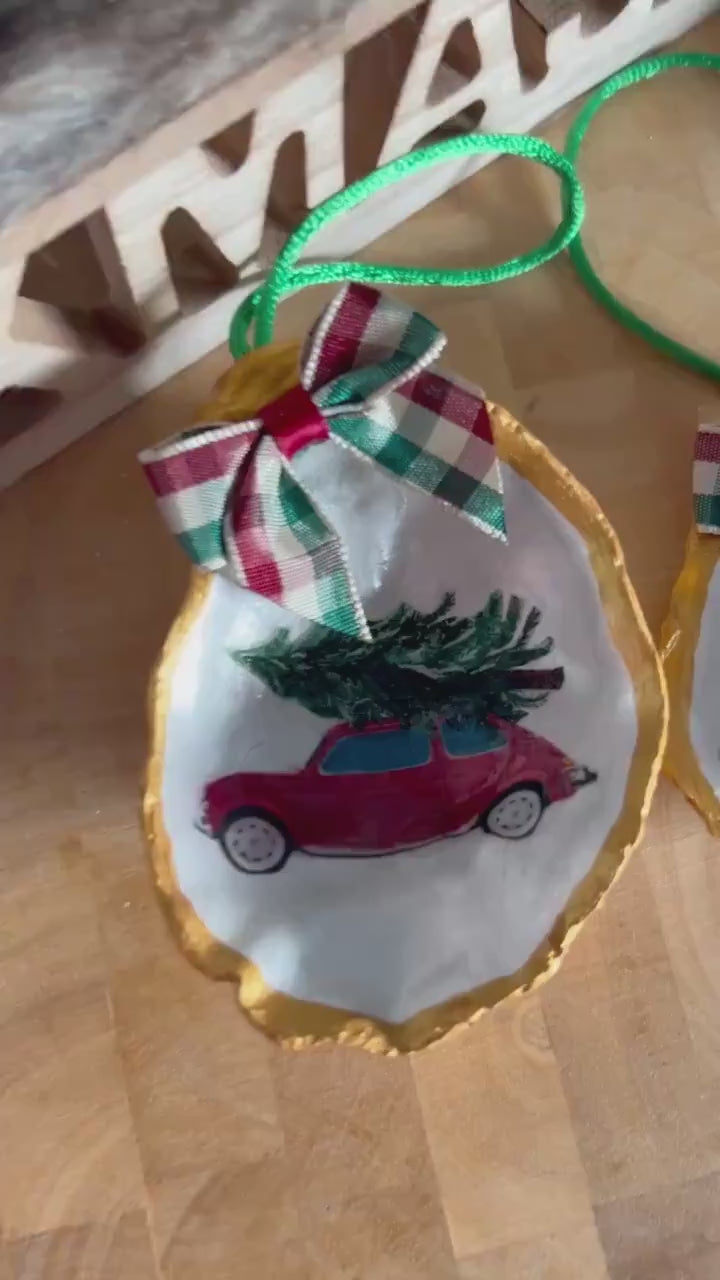 Vintage Beetle Car Christmas Ornament. 50s Retro Classi Car Oyster Shell Bauble.